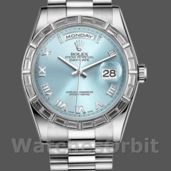 Replica Rolex Day-Date 36mm Unisex-118366-Ice Blue Dial-Diamond Bezel Ijsblauw