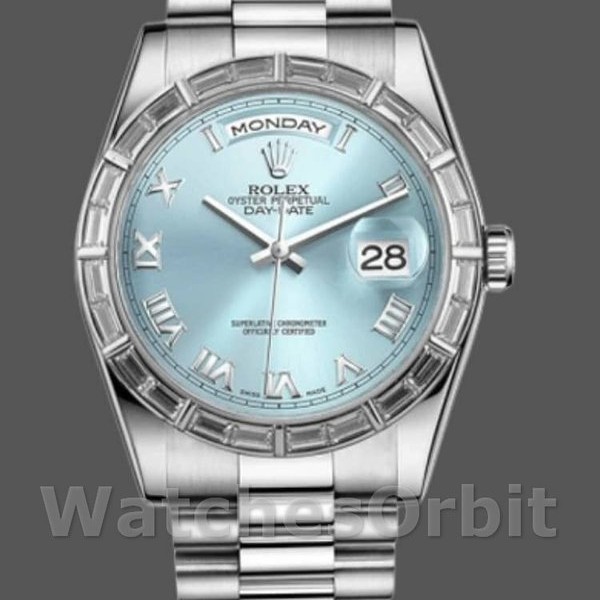 Replica Rolex Day-Date 36mm Unisex-118366-Ice Blue Dial-Diamond Bezel Ijsblauw