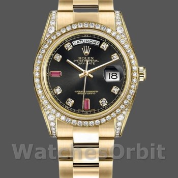 Replica Rolex Day-Date 36mm Unisex-118388-Zwart Diamond-Rubies Dial Zwart