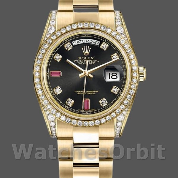 Replica Rolex Day-Date 36mm Unisex-118388-Zwart Diamond-Rubies Dial Zwart