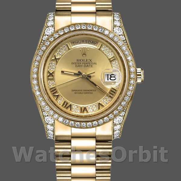 Replica Rolex Unisex's Day-Date 36mm Unisex-118388-Champagne Diamond Dial-Geel Goud