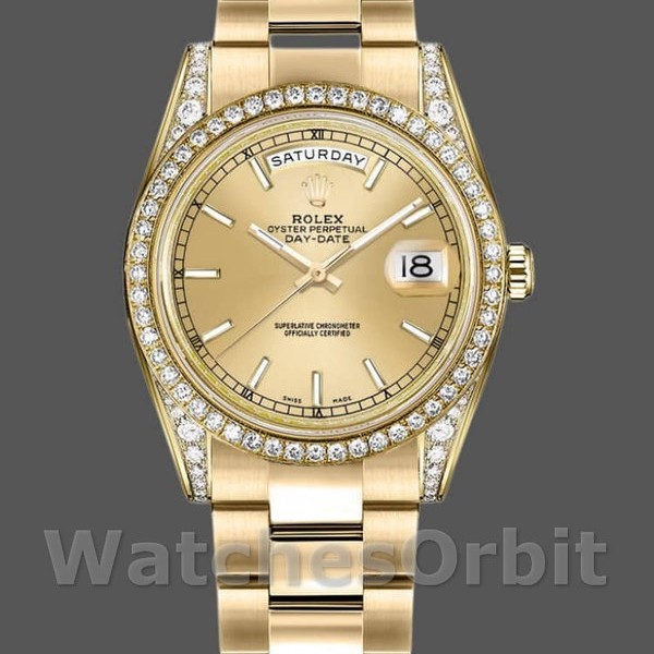 Replica Rolex Day-Date 36mm Unisex-118388-Champagne Index Dial Champagne