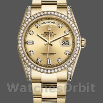 Replica Rolex Day-Date 36mm Unisex-118388-Diamant Bezel-Champagne Wijzerplaat Champagne