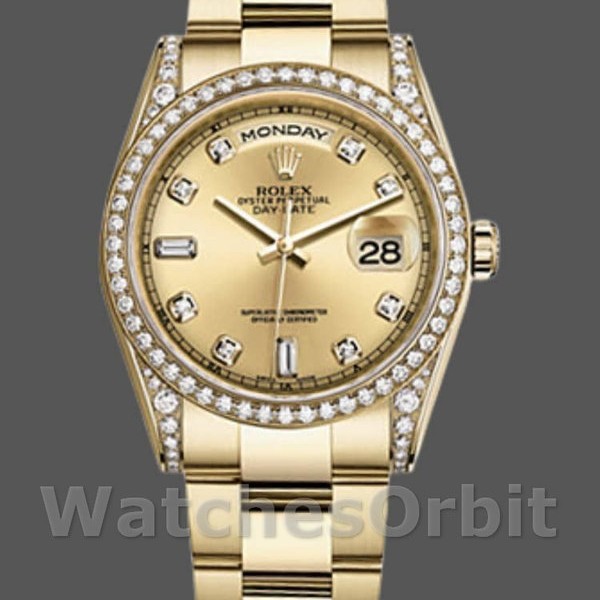 Replica Rolex Day-Date 36mm Unisex-118388-Diamant Bezel-Champagne Wijzerplaat Champagne