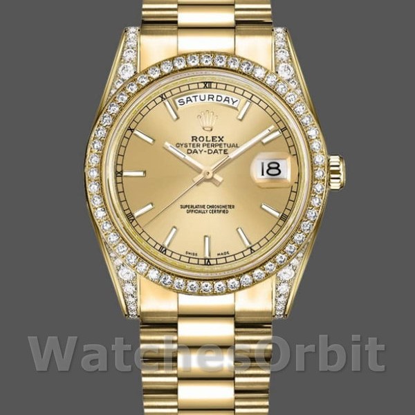 Replica Rolex Day-Date 36mm Unisex-118388-Diamant Bezel-Champagne Index Dial Champagne