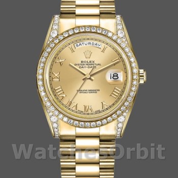 Replica Rolex Day-Date 36mm Unisex-118388-Diamant Bezel-Champagne Romeinse Cijfer Wijzerplaat Champagne