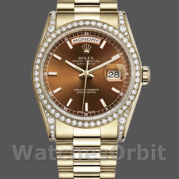 Replica Rolex Day-Date 36mm Unisex-118388-Diamant Bezel-Chocolade Bruin Wijzerplaat Chocolade Bruin <br />