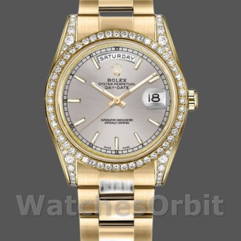 Replica Rolex Day-Date 36mm Unisex-118388-Diamant Bezel-Zilver Index Dial Zilver