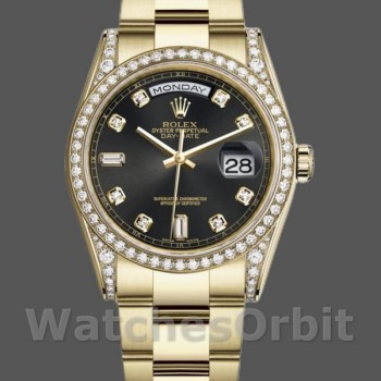 Replica Rolex Day-Date 36mm Unisex-118388 Geelgoud-Zwarte Diamanten Wijzerplaat Zwart