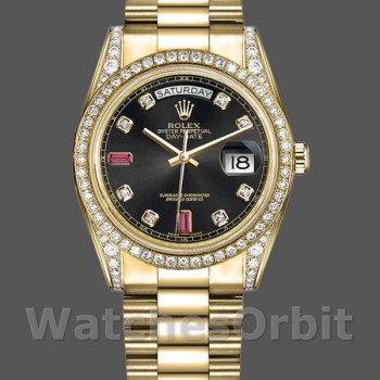 Replica Rolex Day-Date 36mm Unisex-118388 Geelgoud-Zwarte Diamant Robijnen Wijzerplaat Zwart