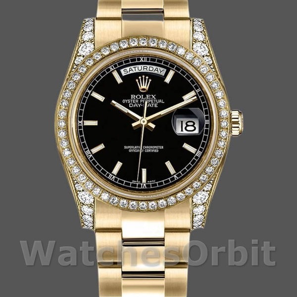 Replica Rolex Day-Date 36mm Unisex-118388 Geelgoud-Zwarte Index Dial Zwart