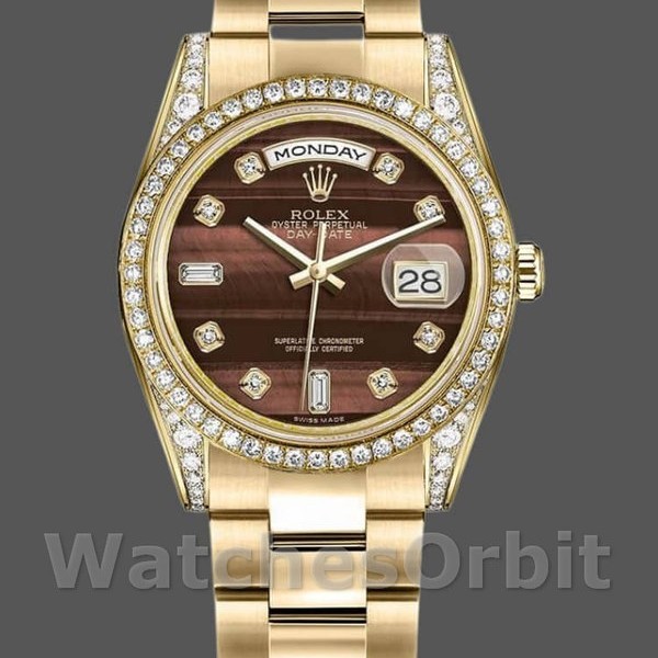 Replica Rolex Day-Date 36mm Unisex-118388 Geelgoud-Stieroog Bruine Wijzerplaat<br />