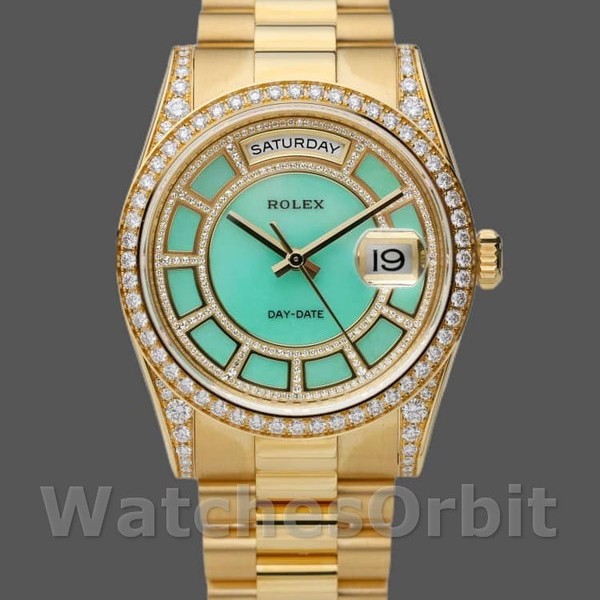 Replica Rolex Day-Date 36mm unisex-118388 geelgoud-groen met diamant wijzerplaat <br />