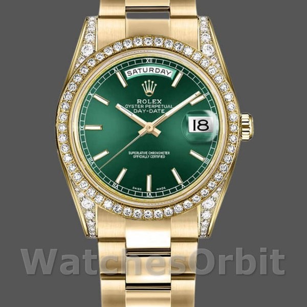 Replica Rolex Day-Date 36mm Unisex-118388 Geelgoud-Groene index wijzerplaat Groen