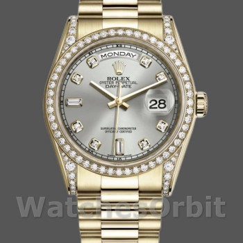 Replica Rolex Day-Date 36mm Unisex-118388 Geelgoud-Zilver Diamanten Wijzerplaat Zilver