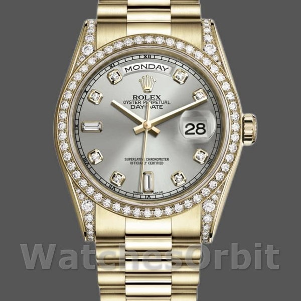 Replica Rolex Day-Date 36mm Unisex-118388 Geelgoud-Zilver Diamanten Wijzerplaat Zilver