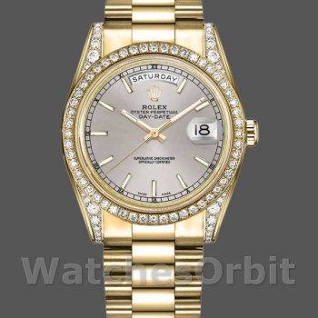 Replica Rolex Day-Date 36mm Unisex-118388 Geelgoud-Zilver Index Dial Zilver