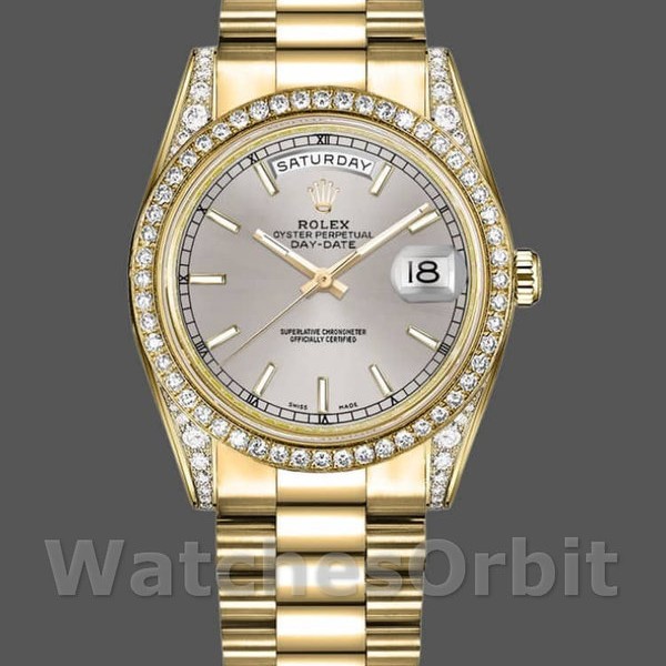 Replica Rolex Day-Date 36mm Unisex-118388 Geelgoud-Zilver Index Dial Zilver