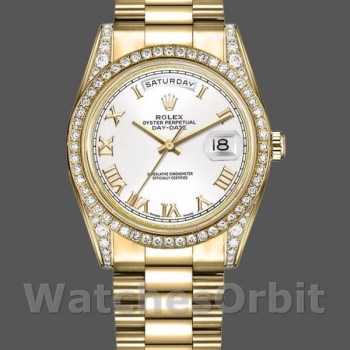 Replica Rolex Day-Date 36mm Unisex-118388 Geelgoud-Witte Wijzerplaat met Romeinse cijfers<br />