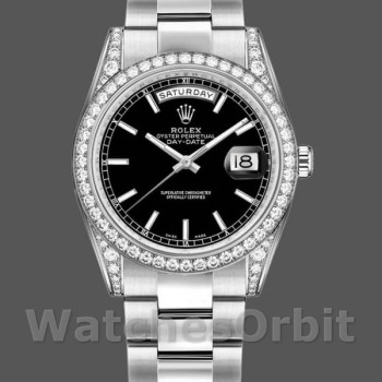 Replica Rolex Day-Date 36mm Unisex-118389-Diamant Bezel-Zwarte Index Wijzerplaat Zwart<br />