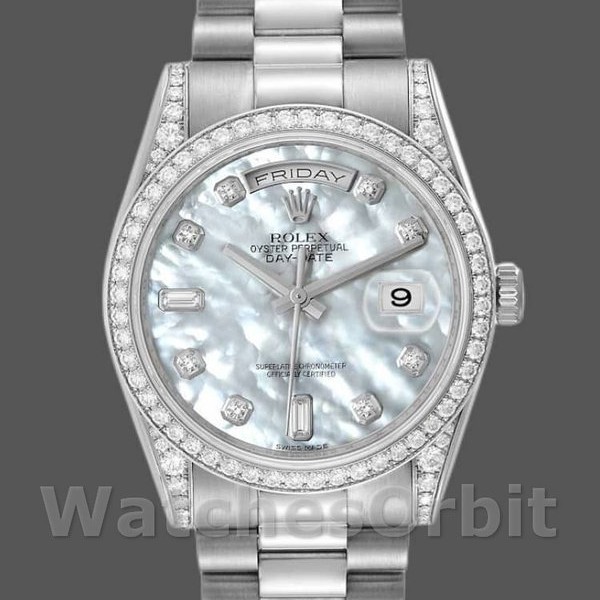 Replica Rolex Day-Date 36mm Unisex-118389-Diamant Bezel-MOP Witte Wijzerplaat MOP