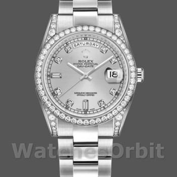 Replica Rolex Day-Date 36mm Unisex-118389-Zilver Diamond Dial Zilver