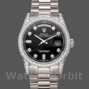 Replica Rolex Day-Date 36mm Unisex-118389-Witgoud-Zwarte Diamanten Wijzerplaat Zwart<br />