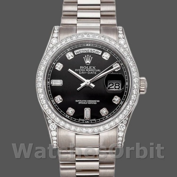 Replica Rolex Day-Date 36mm Unisex-118389-Witgoud-Zwarte Diamanten Wijzerplaat Zwart<br />