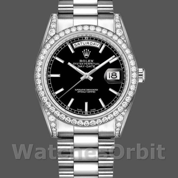 Replica Rolex Day-Date 36mm Unisex-118389-Witgoud-Zwarte Index Wijzerplaat Zwart<br />