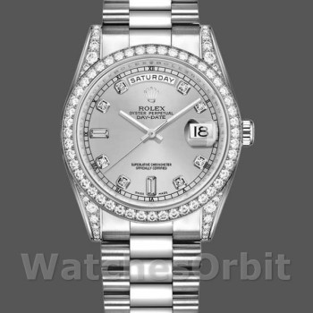 Replica Rolex Day-Date 36mm Unisex-118389-Wit goud-Zilver Diamond Dial Zilver