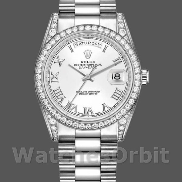 Replica Rolex Day-Date 36mm Unisex-118389-Witgoud-Witte Romeinse Cijfer Wijzerplaat Wit