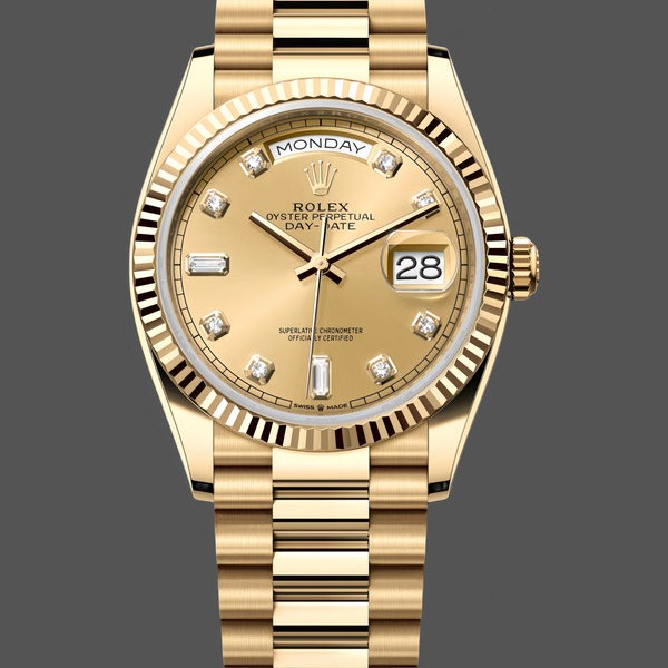 Replica Rolex Day-Date 36mm Unisex-128238 0008-Gefleerde lunette-Kampanje Diamanten Wijzerplaat Champagne