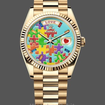 Replica Rolex Day Date 36-128238-0106 voor heren, geelgoud, geribbelde lunette, wijzerplaat met Emoji-raadsel