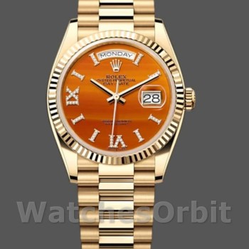 Replica Rolex Day-Date 36mm voor heren-128238 Geribbelde lunette-Karneool wijzerplaat