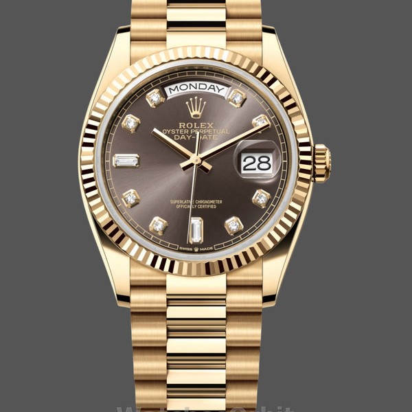 Replica Rolex Day-Date 36mm voor heren-128238 Geribbelde lunette-Donkergrijze wijzerplaat
