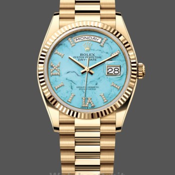 Replica Rolex Day-Date 36mm voor heren-128238 Geribbelde lunette-Turkoois Diamanten Wijzerplaat Turquoise