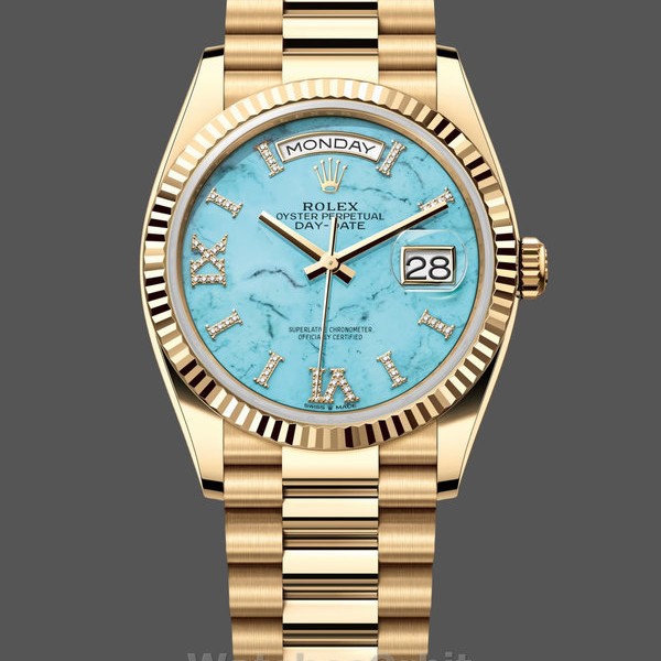 Replica Rolex Day-Date 36mm voor heren-128238 Geribbelde lunette-Turkoois Diamanten Wijzerplaat Turquoise