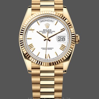 Replica Rolex Day-Date 36mm unisex-128238 Geribbelde lunette-Witte Romeinse wijzerplaat Wit