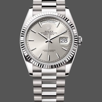 Replica Rolex Day-Date 36mm Unisex-128239 0005-Wit Gold-Zilver Index Dial Zilver