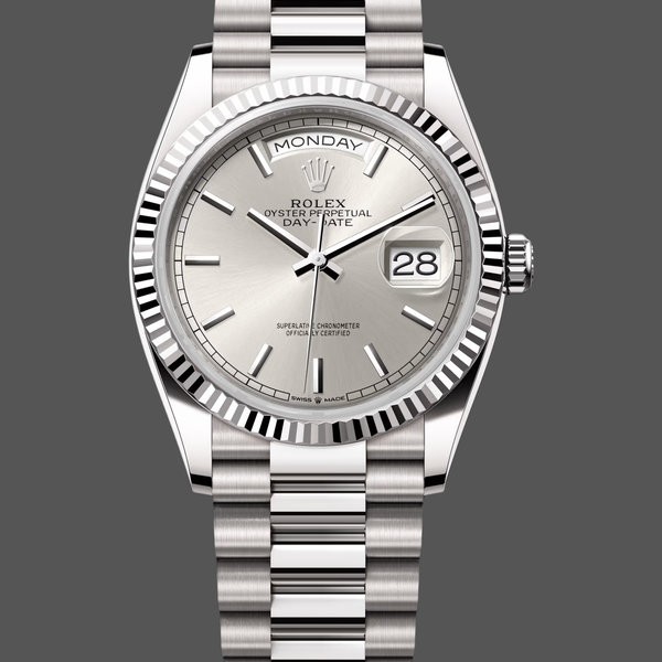 Replica Rolex Day-Date 36mm Unisex-128239 0005-Wit Gold-Zilver Index Dial Zilver