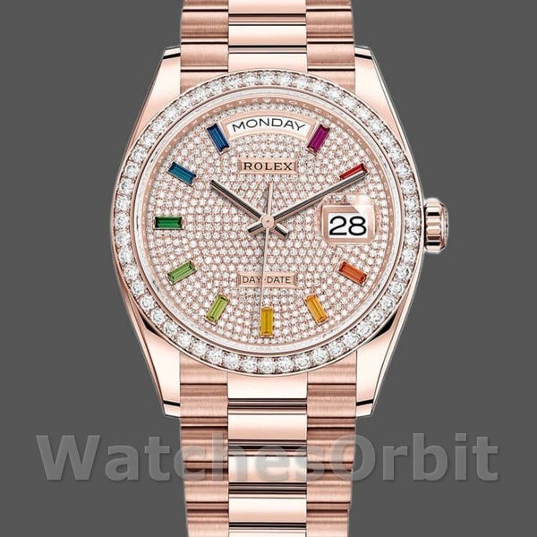 Replica Rolex Day-Date 36mm unisex-128345RBR-diamant geplaveide wijzerplaat-edelgoud diamant geplaveid