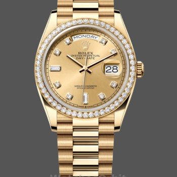 Replica Rolex Day-Date 36mm unisex-128348RBR-Champagne Diamond Dial-Geel Goud