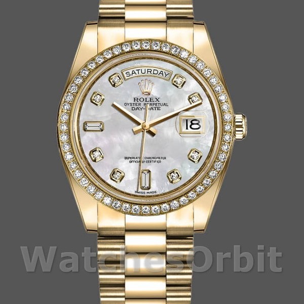Replica Rolex Day-Date 36mm Unisex-128348RBR-MOP Wijzerplaat-Geel Goud MOP
