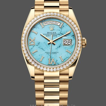 Replica Rolex Day-Date 36mm Unisex-128348RBR-Turquoise Diamond Dial-Geel Goud Turquoise