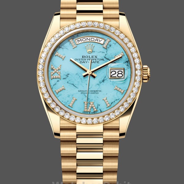 Replica Rolex Day-Date 36mm Unisex-128348RBR-Turquoise Diamond Dial-Geel Goud Turquoise