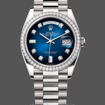 Replica Rolex Day-Date 36mm unisex-128349RBR 0010-Blauwe ombre wijzerplaat-diamanten ring blauw