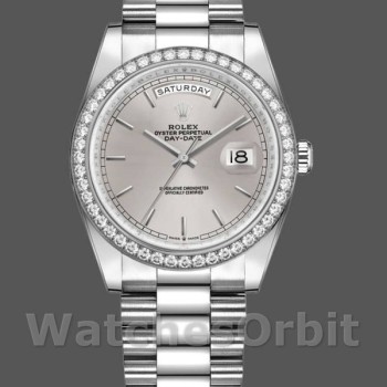 Replica Rolex Day-Date 36mm Unisex-128349RBR-Zilver Index Dial-Diamond Bezel Zilver