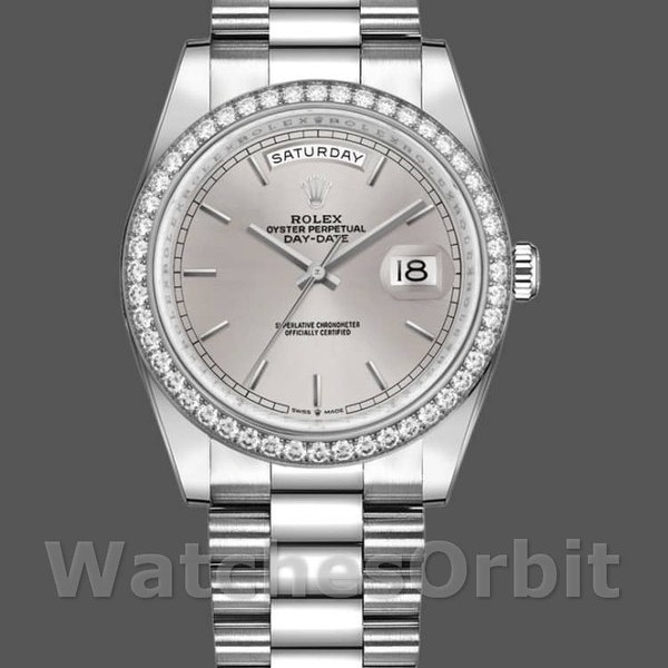 Replica Rolex Day-Date 36mm Unisex-128349RBR-Zilver Index Dial-Diamond Bezel Zilver