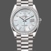 Replica Rolex Day-Date 36mm dames-128349RBR-Witte parelmoer wijzerplaat-Diamanten ring MOP