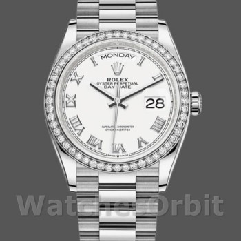 Replica Rolex Day-Date 36mm Unisex-128349RBR-Witte Romeinse wijzerplaat-Diamanten ring Wit